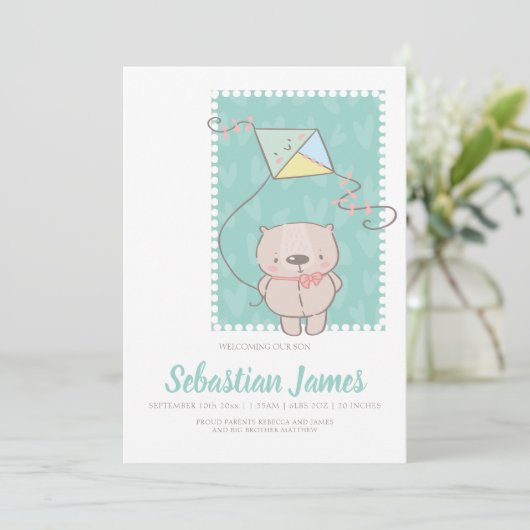 Faire-part Ours En Teddy Avec Cerf-volant Nouveau Bébé (Debout devant)