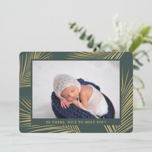 Faire-part Palme d'or tropical Vert foncé Naissance neutre (Debout devant)