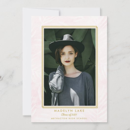 Faire-part Palmiers blanchis rose et cadre d'or photo Graduat (Devant)