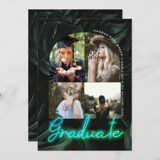 Faire-part Palmiers tropicaux Neon | Arched Graduation 4 Phot (Devant / Derrière)