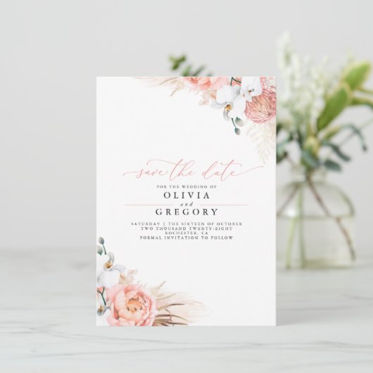 Faire-part Pampas Grass Floral Rose Enregistrer la date (Debout devant)