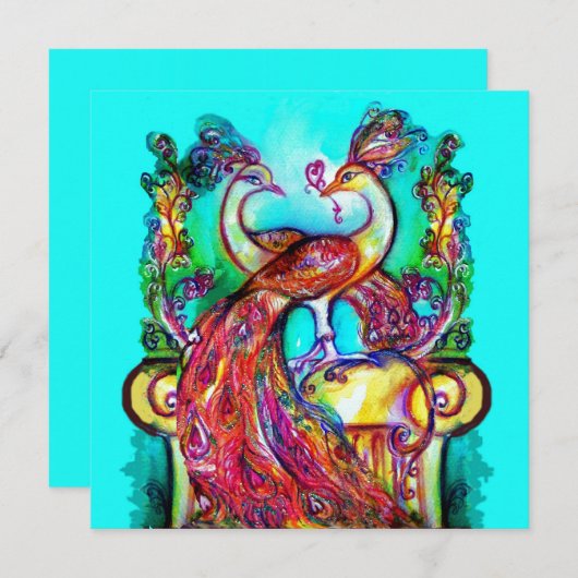 Faire-part PAONS AMOUREUX Rouge Turquoise Vert Aqua Bleu Mari (Devant / Derrière)