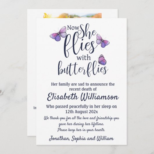 Faire-part Papillon Avis de décès (Devant / Derrière)