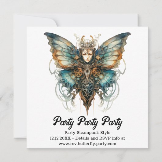 Faire-part Papillon Paon Vitesse d'Acier Mariage Steampunk  (Devant)