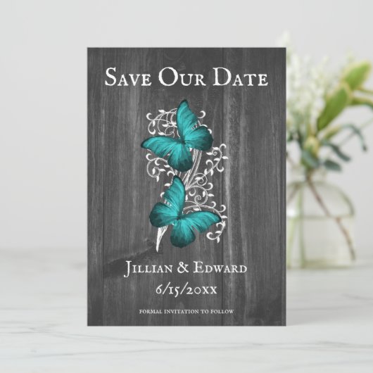 Faire-part Papillon Rustique turquoise Enregistrer La Date An (Debout devant)