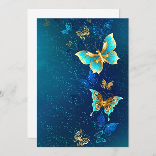Faire-part Papillons d'or sur un Arrière - plan bleu (Devant / Derrière)