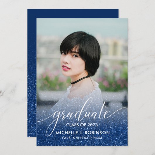 Faire-part Parties scintillant bleu foncé Ombre Girly Photo G (Devant / Derrière)