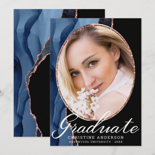 Faire-part Parties scintillant d'or Rose d'Agate Bleu Chic (Devant / Derrière)