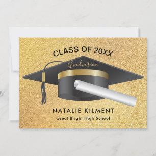 Faire-part Parties scintillant noire et or Diplôme de Casquet