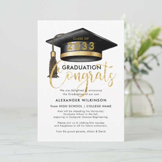 Faire-part Parties scintillant Or moderne Script Simple GRAD  (Debout devant)