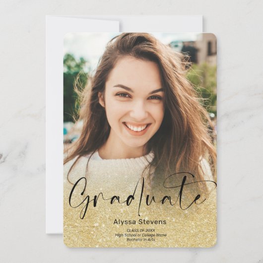 Faire-part Parties scintillant or ombre script 4 photos gradu (Devant)