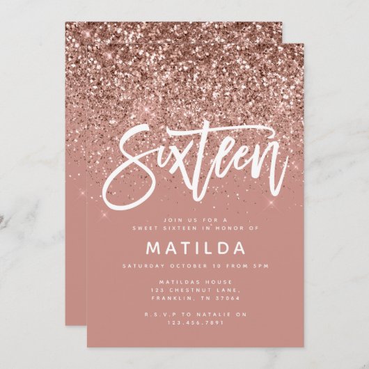 Faire-part parties scintillant rose en or girly douce moderne (Devant / Derrière)