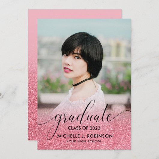 Faire-part Parties scintillant rose moderne Ombre Girly Photo (Devant / Derrière)