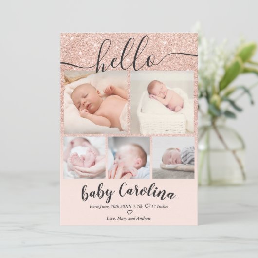 Faire-part parties scintillant rose vif 5 grille photo bébé f (Debout devant)