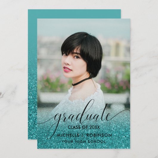 Faire-part Parties scintillant Turquoise moderne Ombre Girly  (Devant / Derrière)