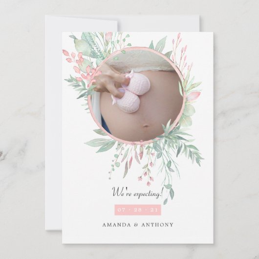 Faire-part Pastel rose et verdure Photo Grossesse (Devant)