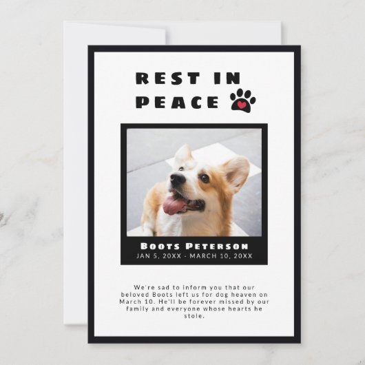 Faire-part Pawprint Coeur Repos En Paix Pet Perte Photo (Devant)
