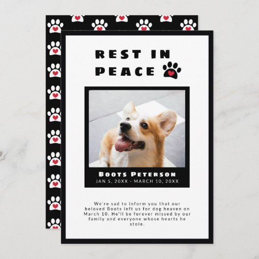Faire-part Pawprint Coeur Repos En Paix Pet Perte Photo (Devant / Derrière)