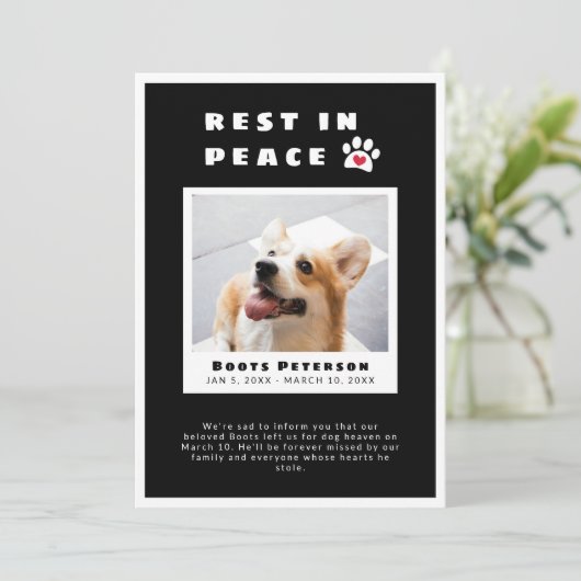 Faire-part Pawprint Coeur Repose en paix Black Pet Perte Phot (Debout devant)