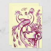 Faire-part PEACOCKS IN LOVE MONOGRAM 2 or rose rouge (Devant / Derrière)