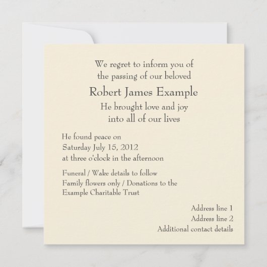 Faire-part personnalisable de la mort (sable) (Dos)