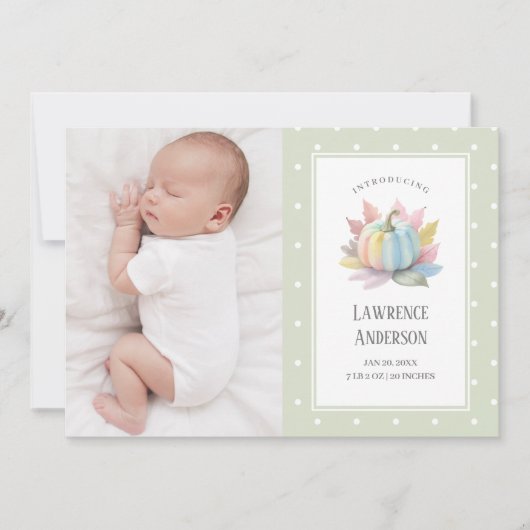 Faire-part Petit Citrouille Lumière Sage Vert 2 Photo Naissan (Devant)