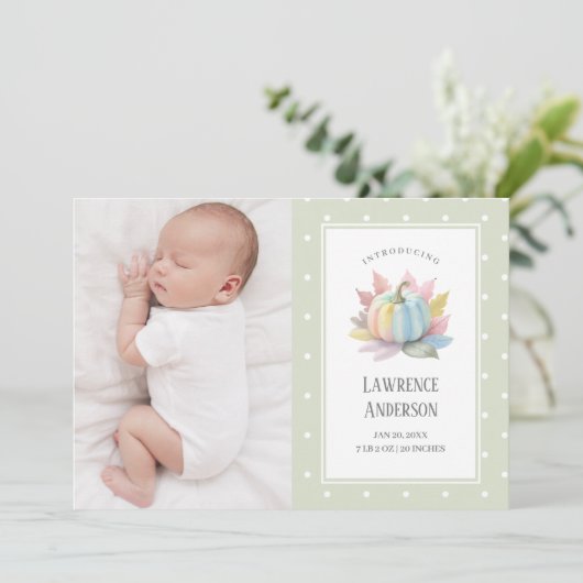 Faire-part Petit Citrouille Lumière Sage Vert 2 Photo Naissan (Debout devant)