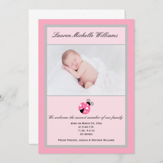 Faire-part Petit Ladybug rose Grey bébé fille photo naissance (Devant / Derrière)