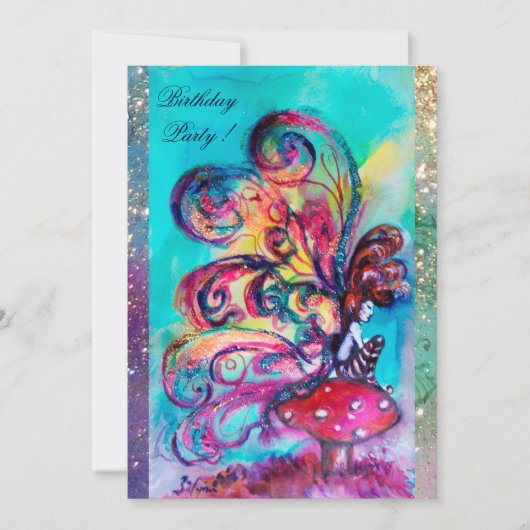 Faire-part PETITE ELF DE CHAMPIGNONS, rose jaune bleu étincel (Devant)