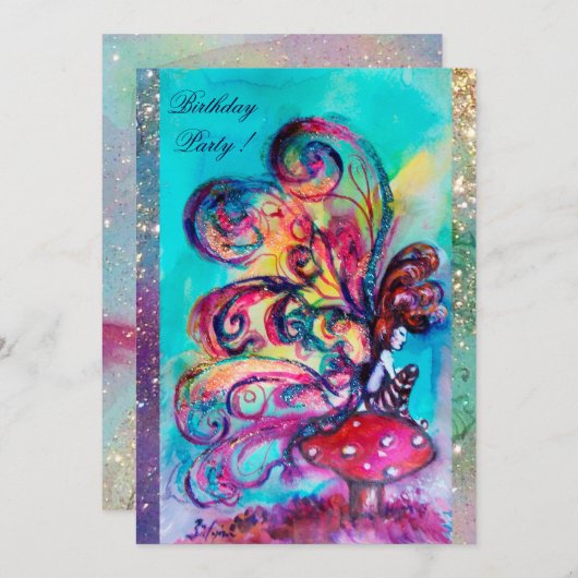 Faire-part PETITE ELF DE CHAMPIGNONS, rose jaune bleu étincel (Devant / Derrière)