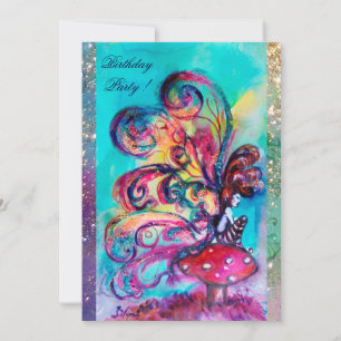 Faire-part PETITE ELF DE CHAMPIGNONS, rose jaune bleu étincel