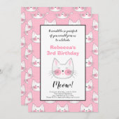 Faire-part Petites filles 3e anniversaire fête Pink Kitty Cat (Devant / Derrière)