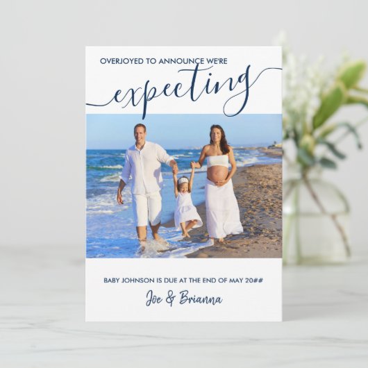 Faire-part Photo attendue et élégant script Bleu Grossesse (Debout devant)