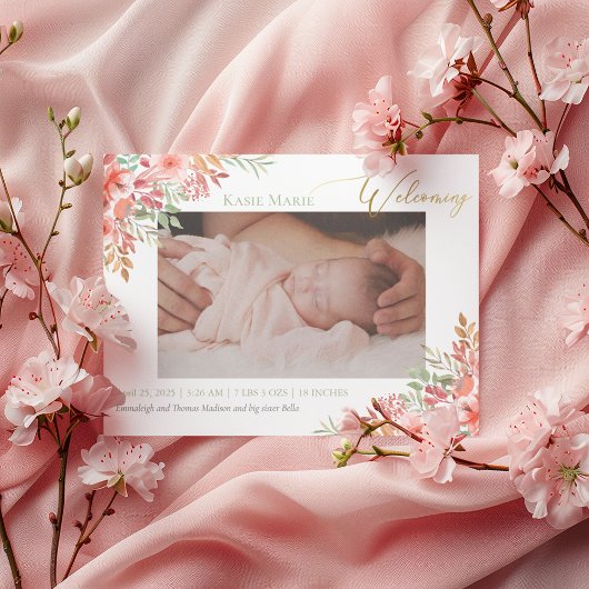 Faire-part Photo Bébé Elégant Blush Rose Floral Naissance