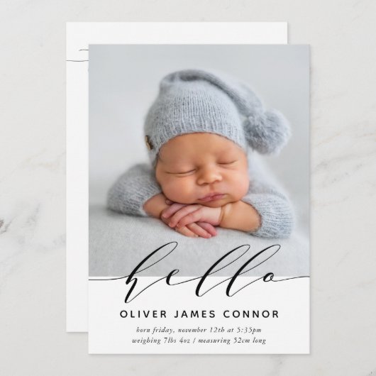 Faire-part PHOTO BÉBÉ MODERNE élégante hello calligraphie hau (Devant / Derrière)