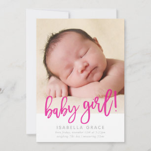 Faire-part PHOTO BÉBÉ MODERNE simple écriture de script rose