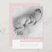 Faire-part PHOTO BÉBÉ MODERNE simple fille rose (Devant / Derrière)