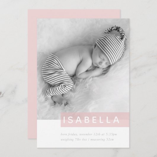 Faire-part PHOTO BÉBÉ MODERNE simple fille rose (Devant / Derrière)