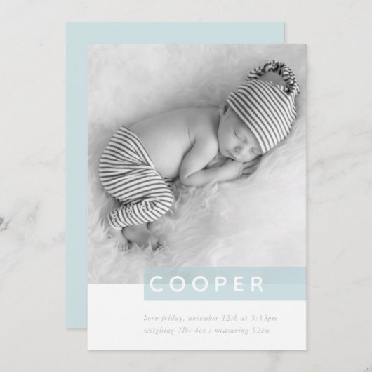 Faire-part PHOTO BÉBÉ MODERNE simple garçon bleu tableau (Devant / Derrière)