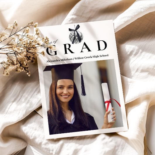 Faire-part Photo Black Bow Disco Ball Party de graduation