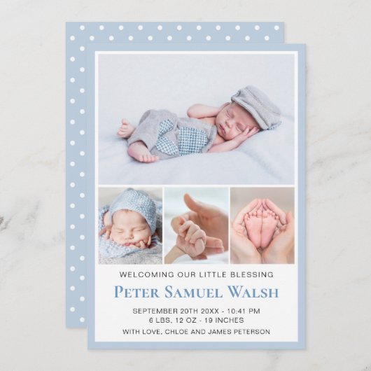 Faire-part Photo Bleu Doux Accueillant nouveau-né bébé garçon (Devant / Derrière)