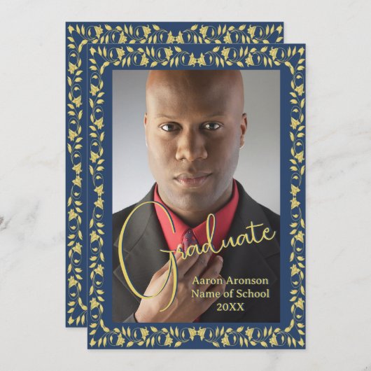 Faire-part photo Bleu et Gold Ivy (Devant / Derrière)