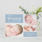 Faire-part Photo bleu moderne Collage bébé garçon naissance (Debout devant)