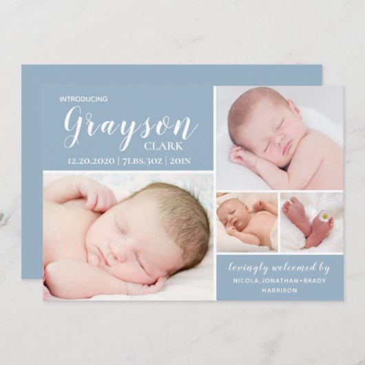 Faire-part Photo bleu moderne Collage bébé garçon naissance (Devant / Derrière)