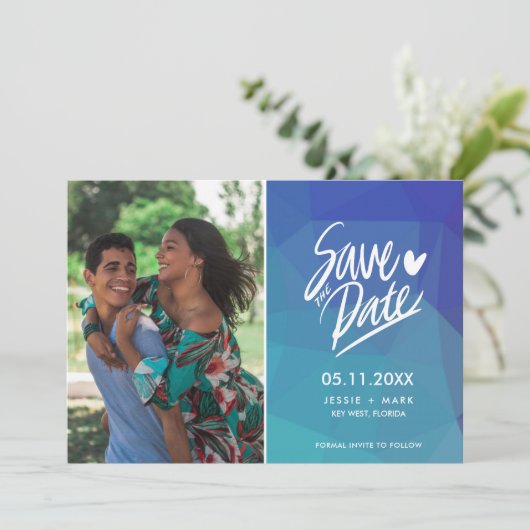 Faire-part Photo bleu simple Mariage moderne Enregistrer la d (Debout devant)