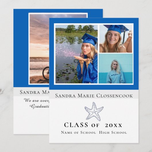 Faire-part Photo Collage Bleu Nautique Starfish diplômé (Devant / Derrière)