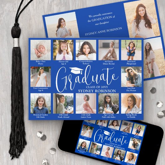Faire-part Photo Collage & Captions Royal Blue Graduation