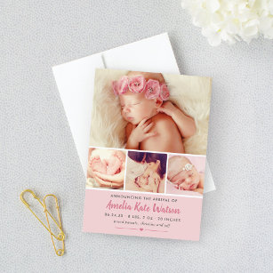 Faire-part Photo Collage de bébé rose doux