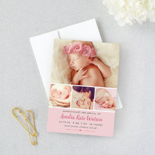 Faire-part Photo Collage de bébé rose doux