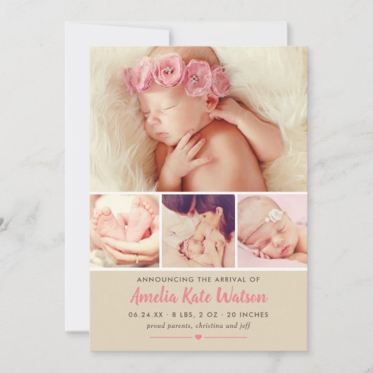 Faire-part Photo Collage de bébé rose doux (Devant)